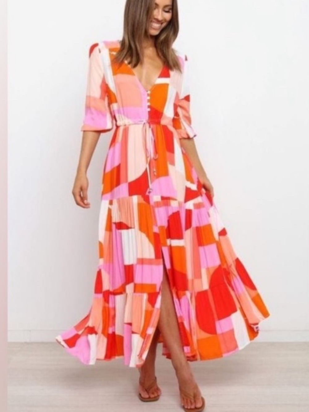 Petal & Pup Pink, Red & Orange Geometric Maxi Dress, Aperol Spritz Summer